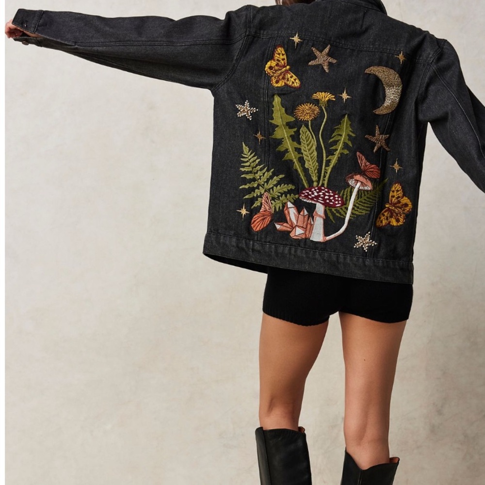 Free People Black Denim Jacket with Nature Embroidery